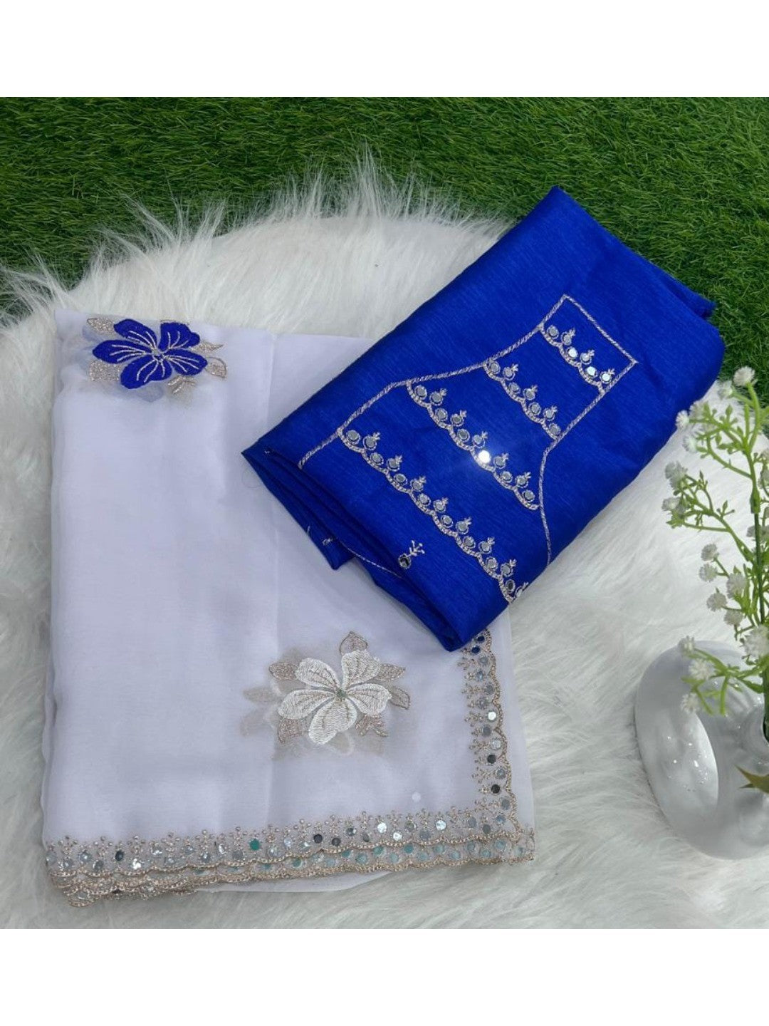 Elegant White Chinon Saree with Blue Floral Embroidery & Mirror Work - Image 2