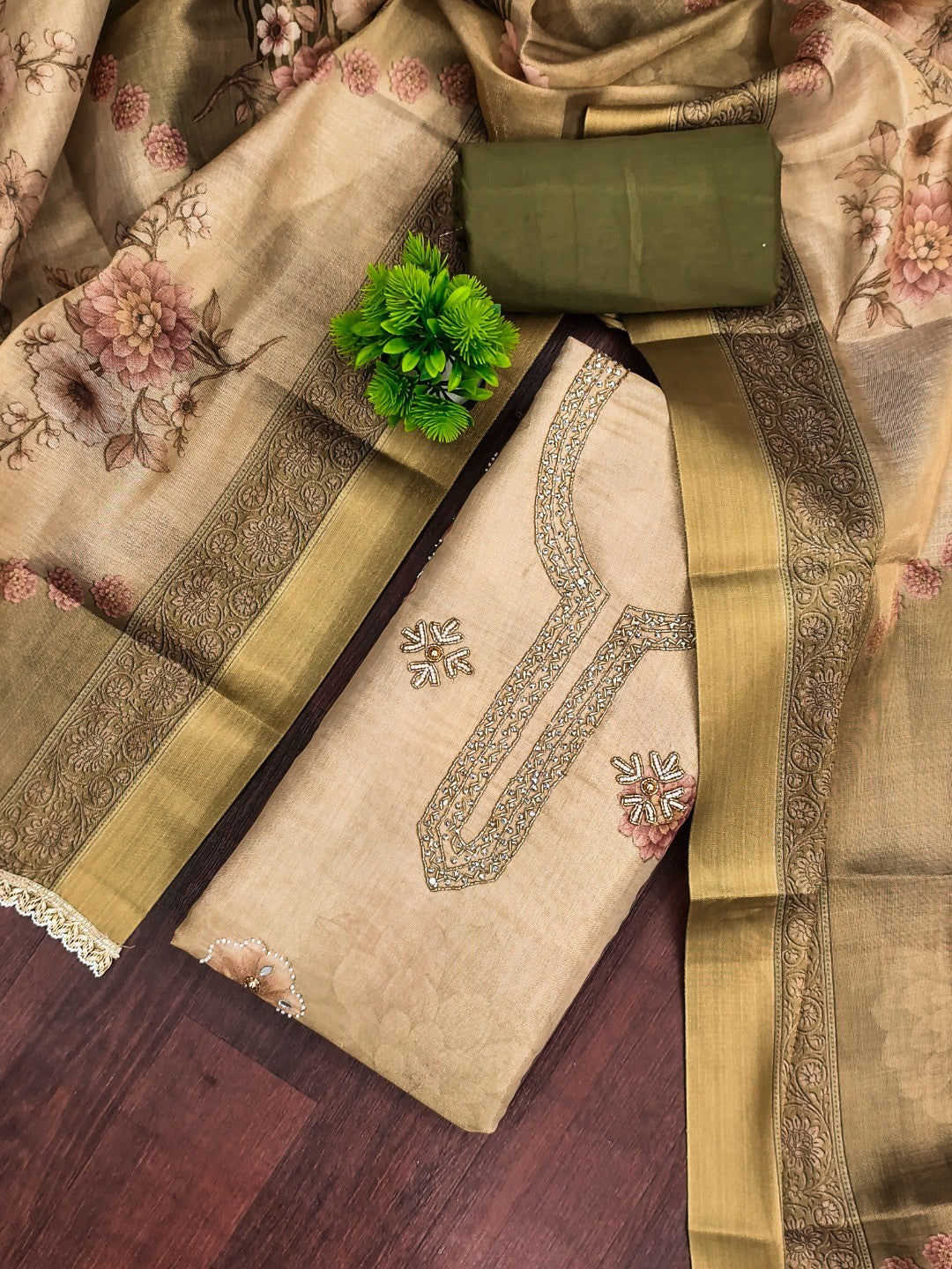 Green Floral Cotton Silk Dress Material with Embroidered Neck - Image 5