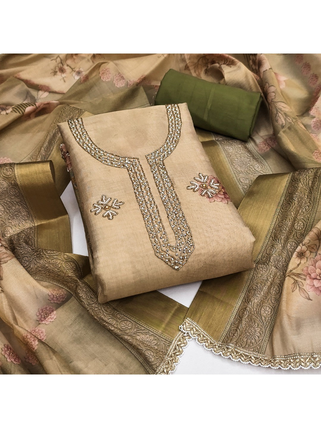 Green Floral Cotton Silk Dress Material with Embroidered Neck - Image 4