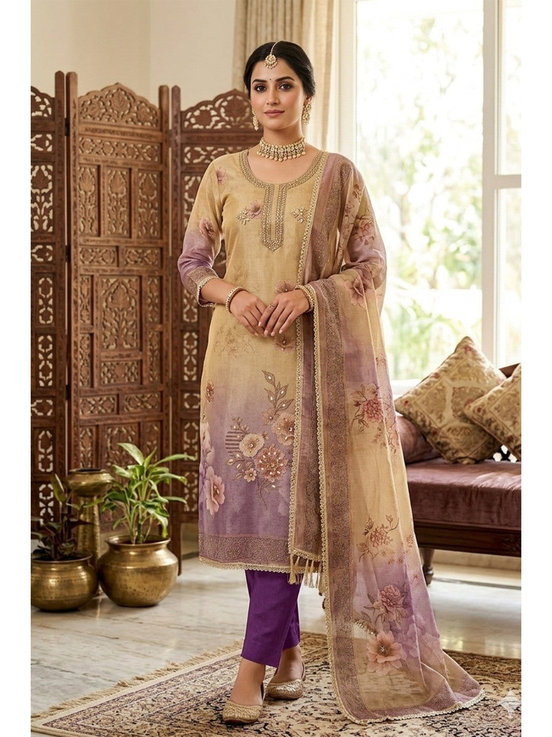 Purple Floral Cotton Silk Dress Material with Embroidered Neck - Image 1