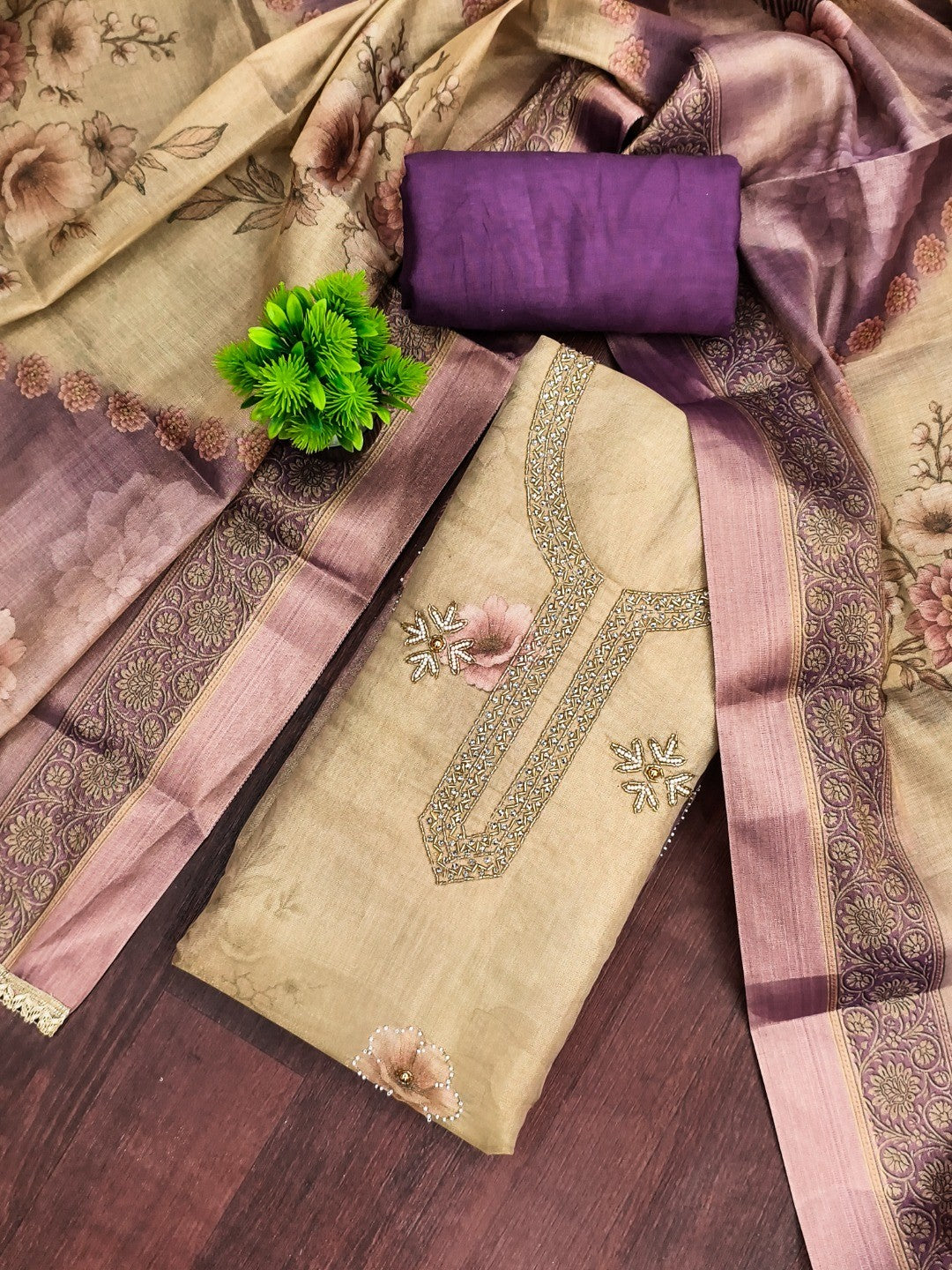 Purple Floral Cotton Silk Dress Material with Embroidered Neck - Image 5