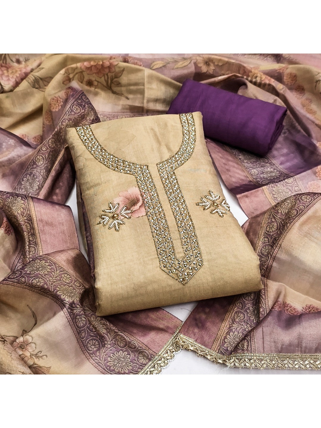 Purple Floral Cotton Silk Dress Material with Embroidered Neck - Image 4