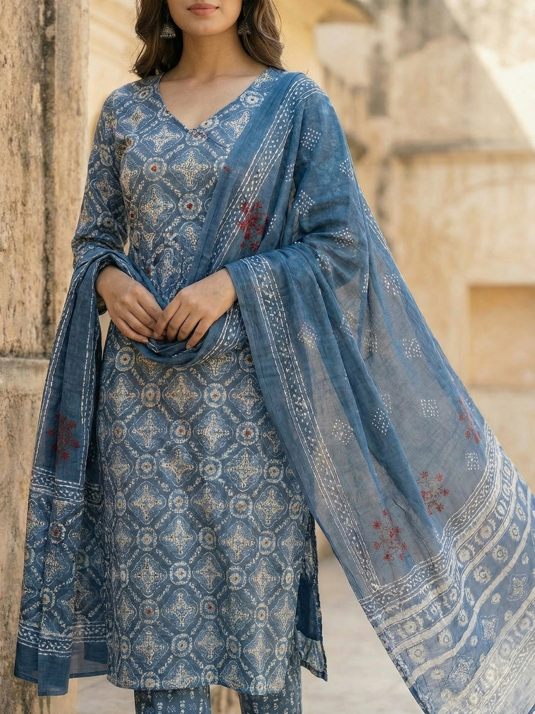 Blue Jaipuri Print Cotton Straight Cut Salwar Suit with Dupatta for Festive Occasions - Image 4
