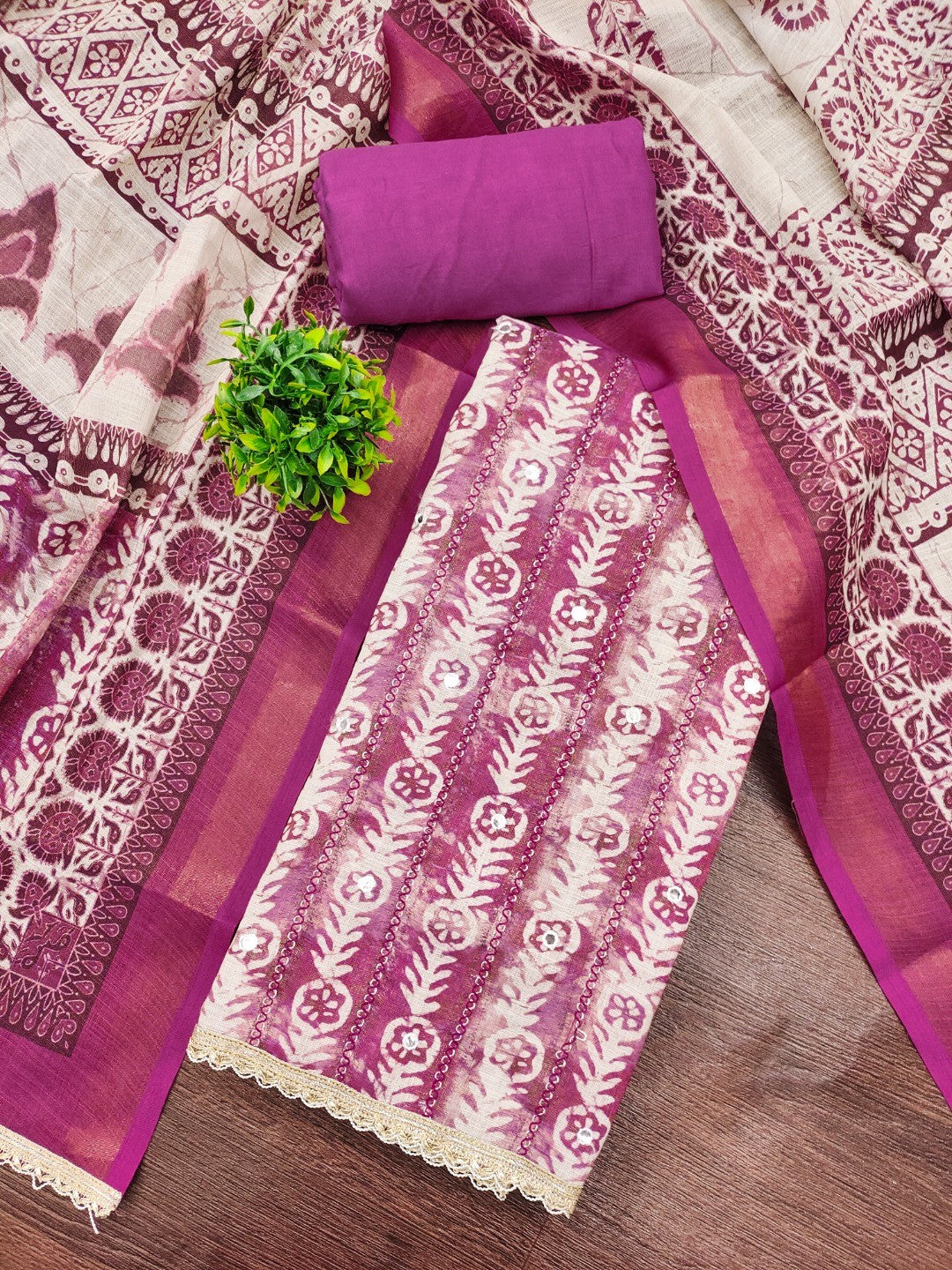 Purple Linen Dress Material with Printed Design and Lace Detail - Image 4