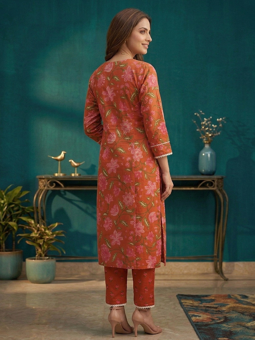 Rust Jaipuri Floral Print Pure Cotton Kurta Salwar Set with Traditional Design Appeal - Image 3