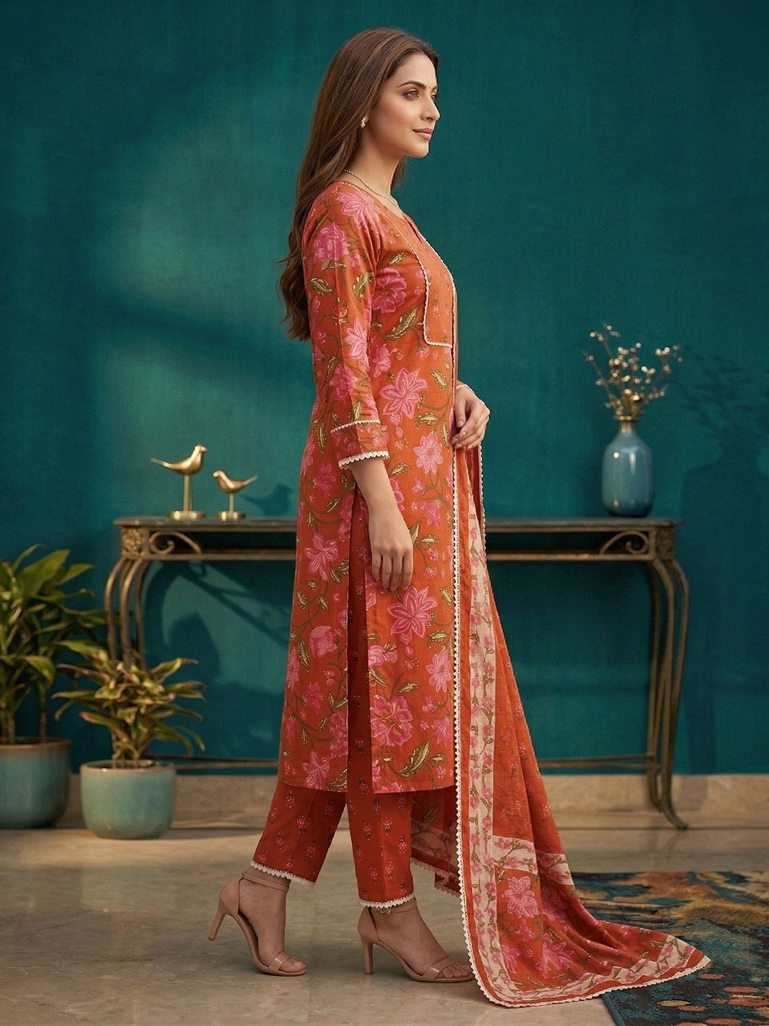Rust Jaipuri Floral Print Pure Cotton Kurta Salwar Set with Traditional Design Appeal - Image 2
