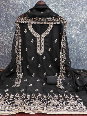 Luxe Black Floral Zari Embroidered Georgette Dress Material With Fine Artistry - Image 2