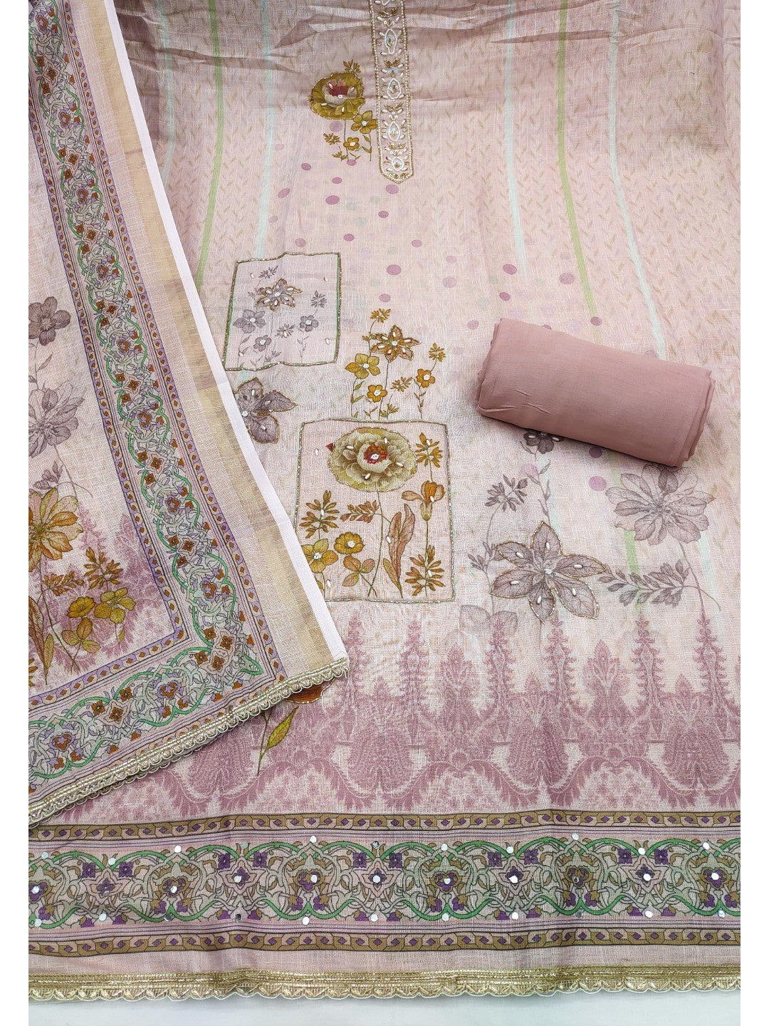 Mauve Floral Printed Linen Dress Material with Embellishments - Image 3