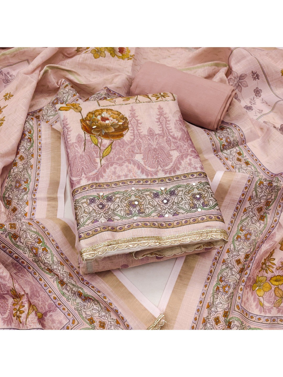 Mauve Floral Printed Linen Dress Material with Embellishments - Image 4