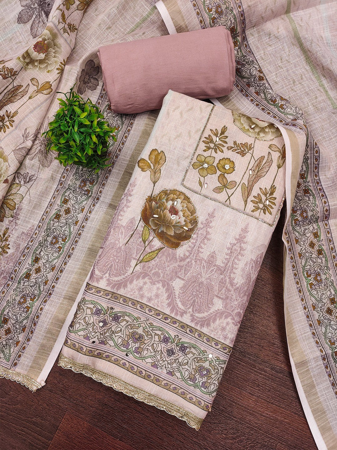 Mauve Floral Printed Linen Dress Material with Embellishments - Image 2