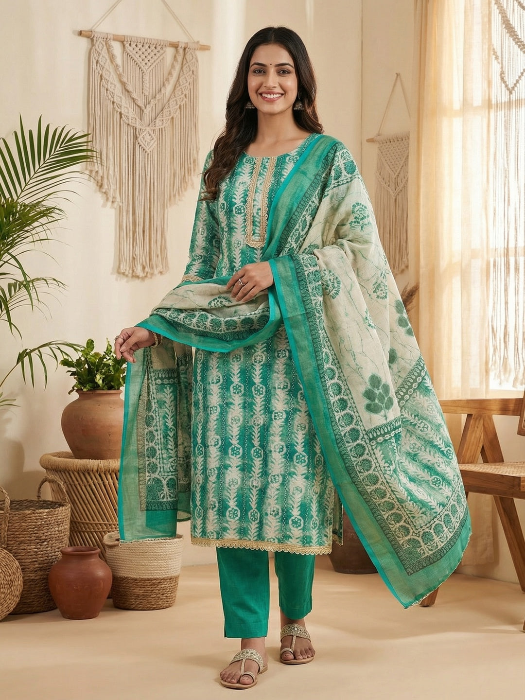 Rama Green Linen Dress Material with Printed Design and Lace Detail - Image 1