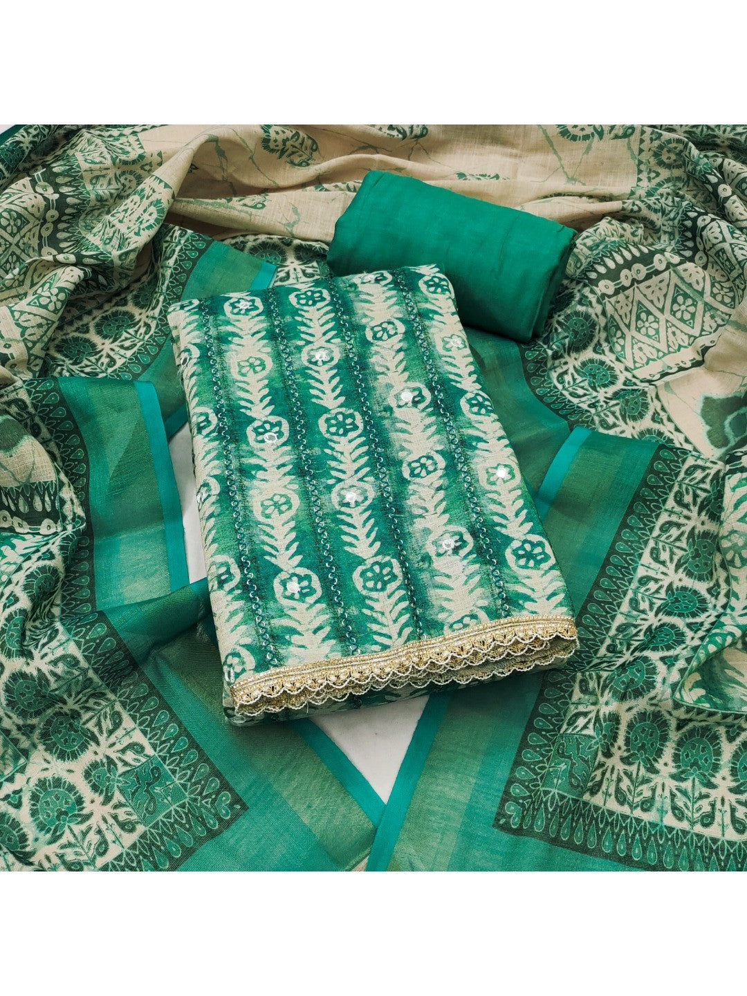 Rama Green Linen Dress Material with Printed Design and Lace Detail - Image 4