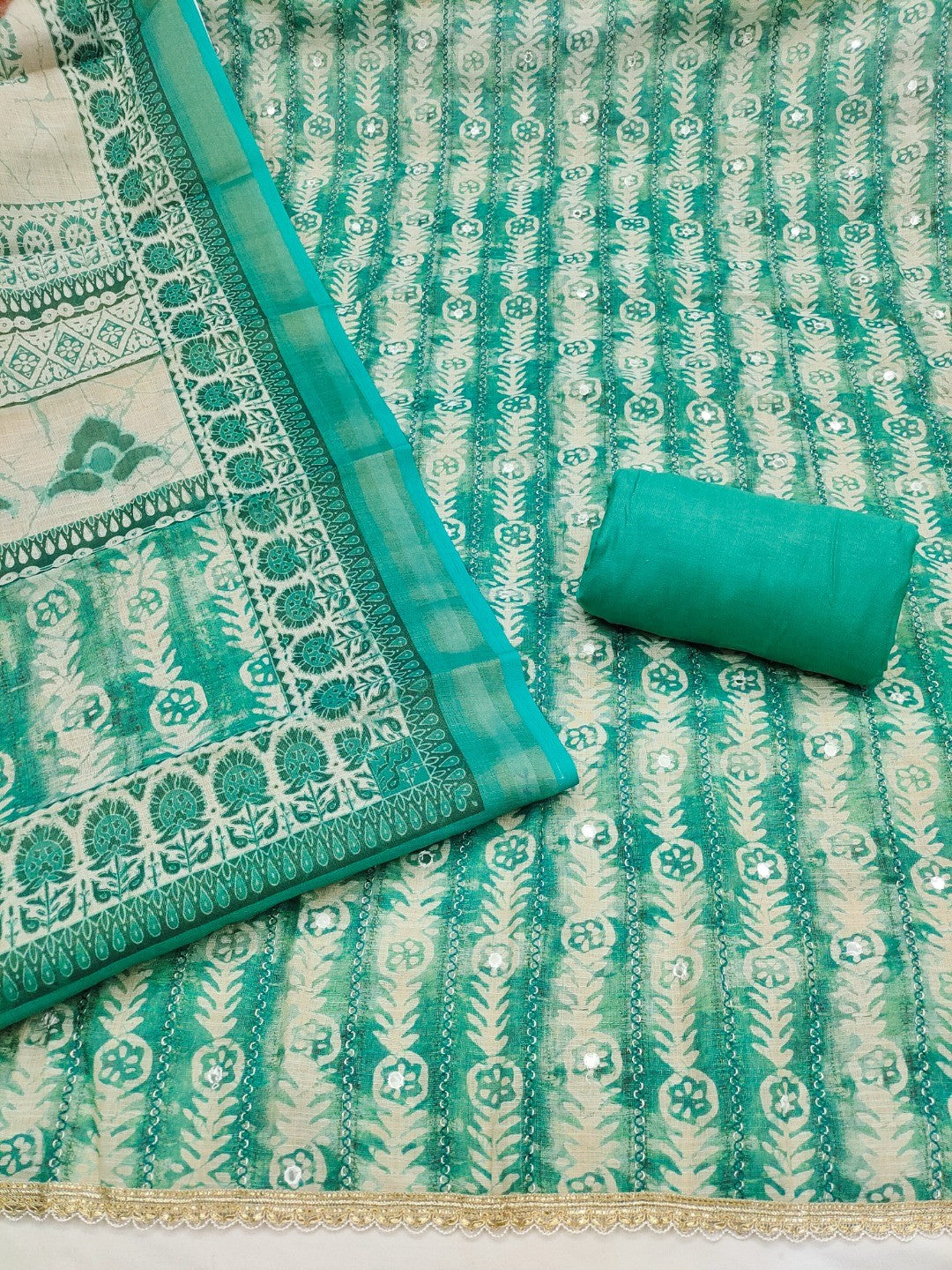 Rama Green Linen Dress Material with Printed Design and Lace Detail - Image 5