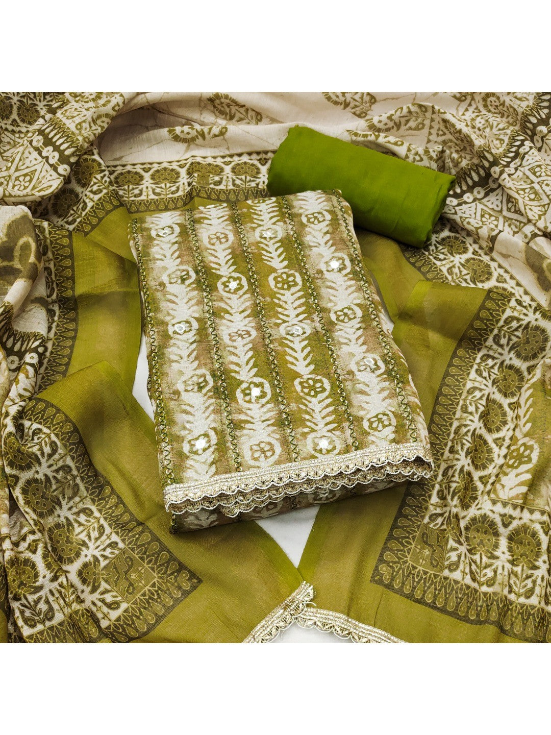 Green Linen Dress Material with Printed Design and Lace Detail - Image 5