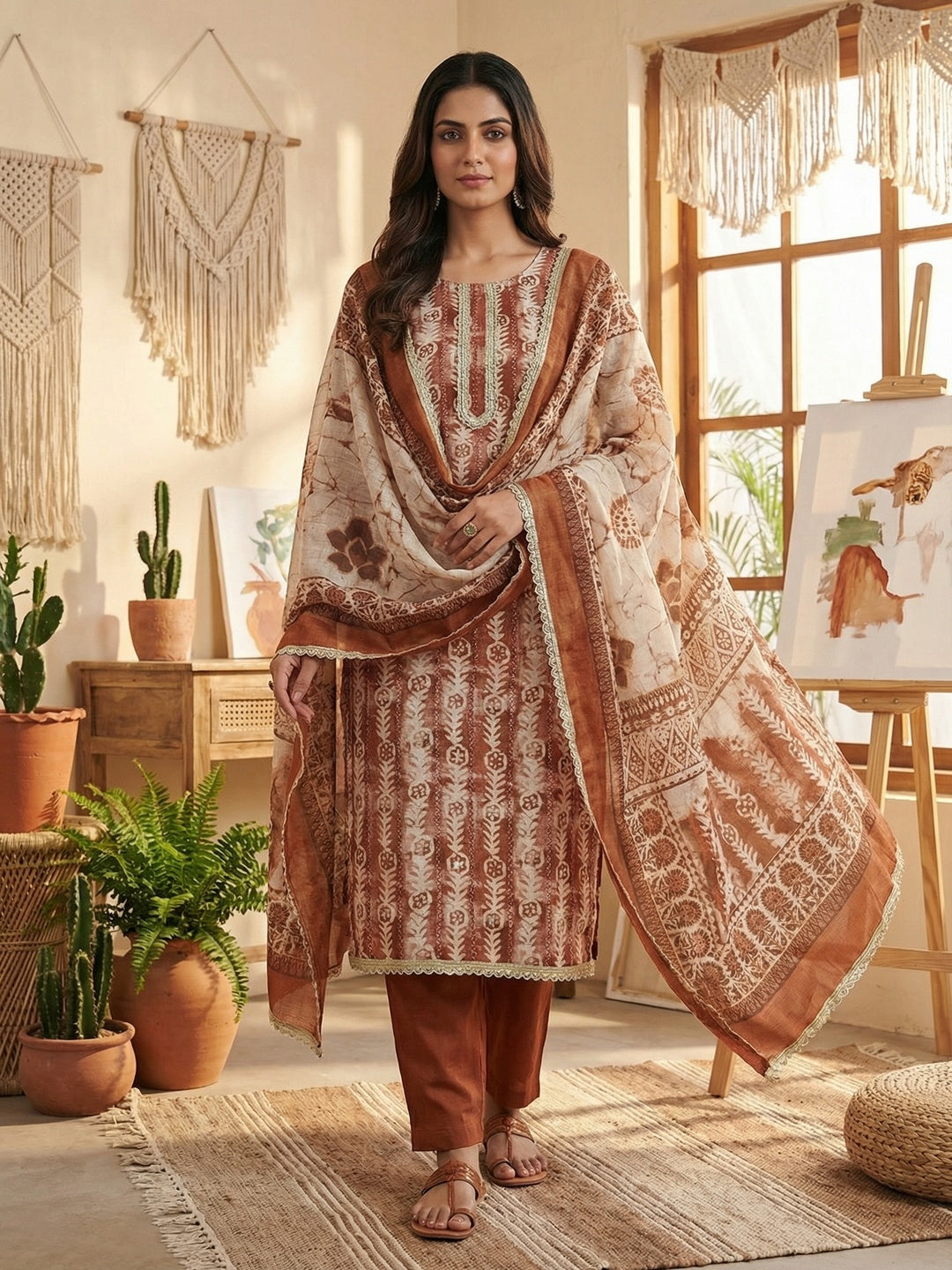 Brown Linen Dress Material with Printed Design and Lace Detail - Image 1