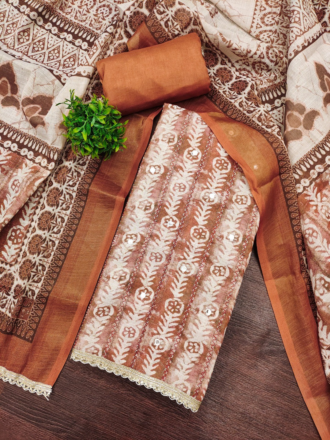 Brown Linen Dress Material with Printed Design and Lace Detail - Image 5