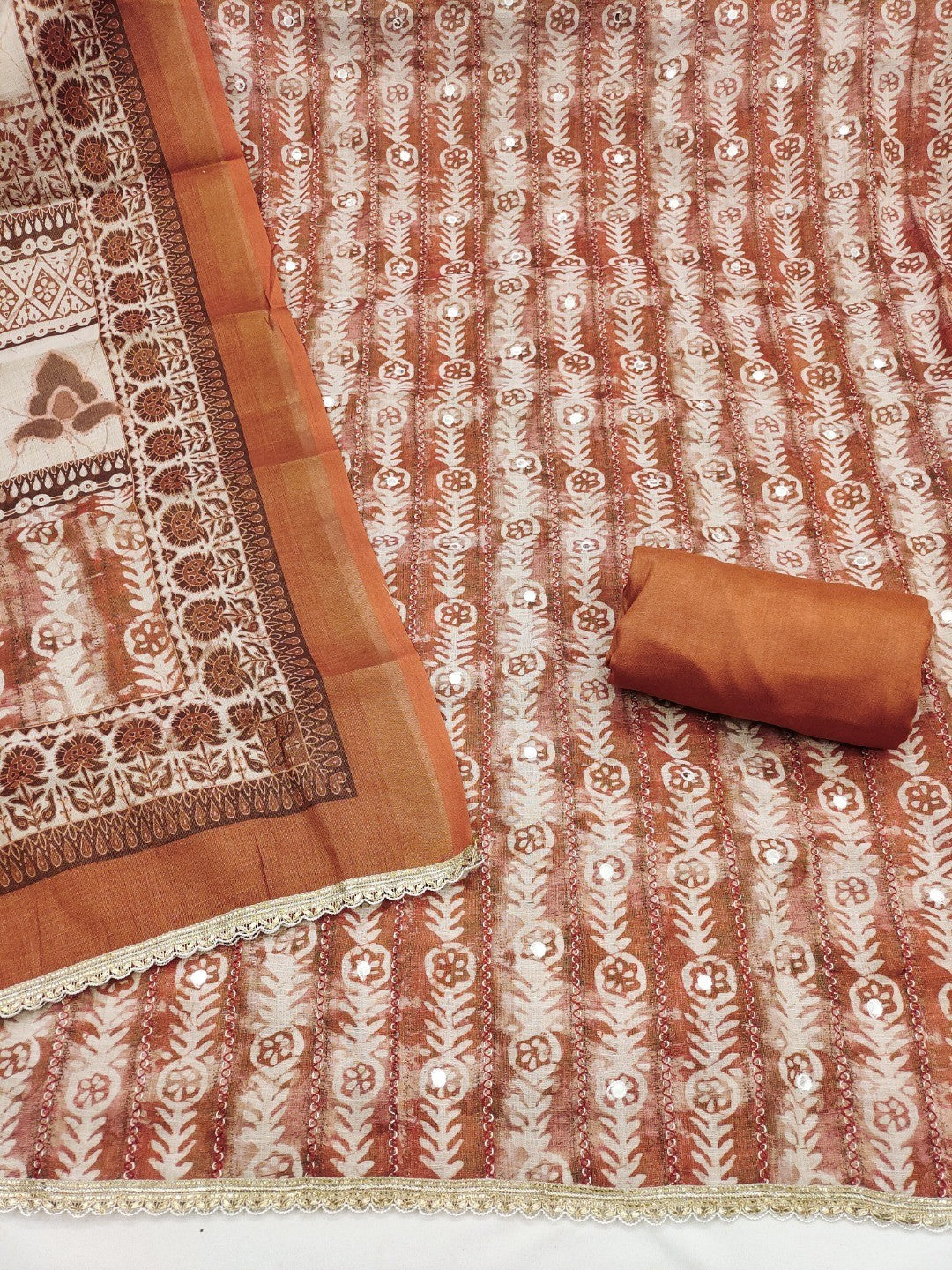 Brown Linen Dress Material with Printed Design and Lace Detail - Image 3