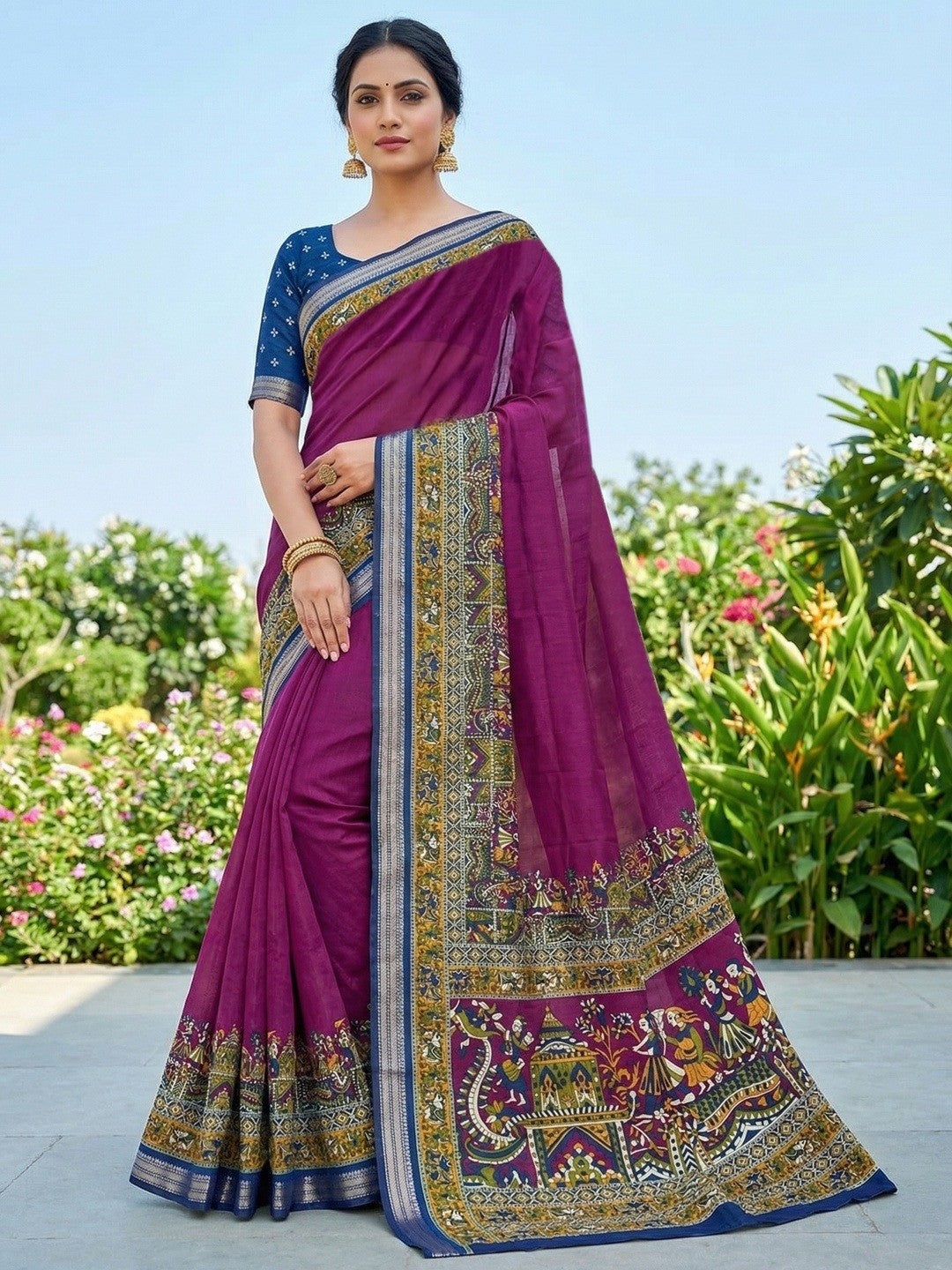 Purple Viscose Saree with Kalamkari Print and Jari Border and Fine Finish - Image 1