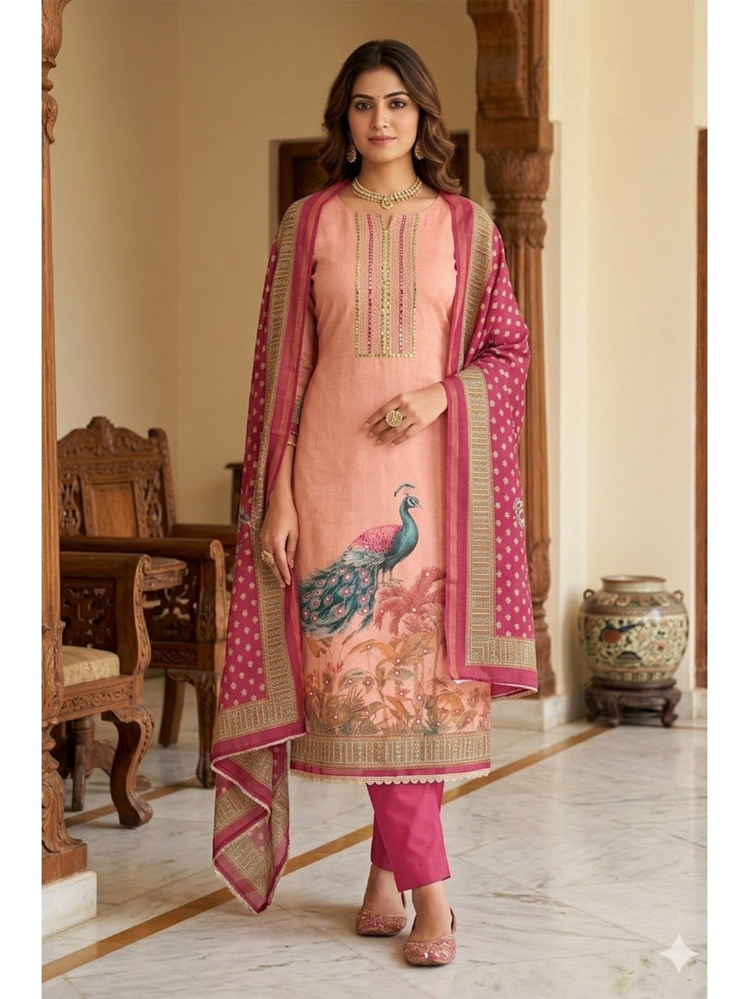 Pink Peacock Printed Linen Dress Material with Embellishments - Image 1