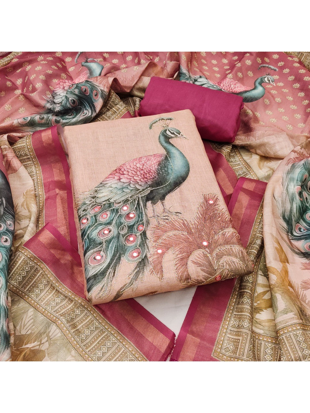 Pink Peacock Printed Linen Dress Material with Embellishments - Image 4