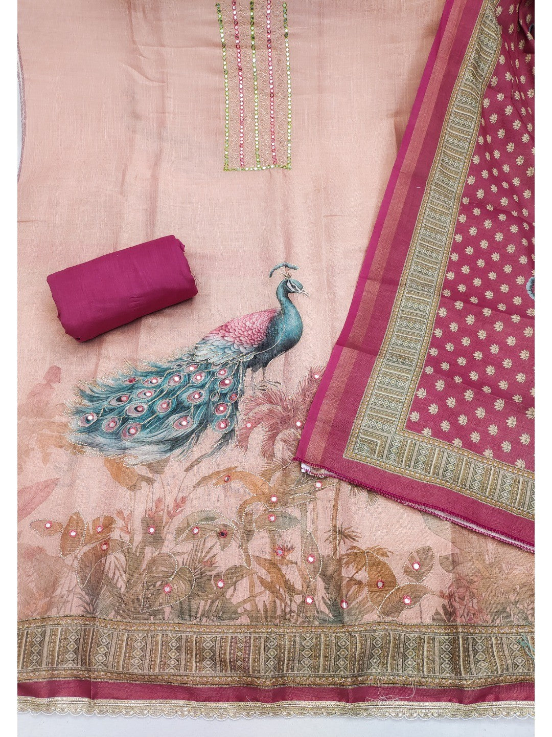 Pink Peacock Printed Linen Dress Material with Embellishments - Image 3