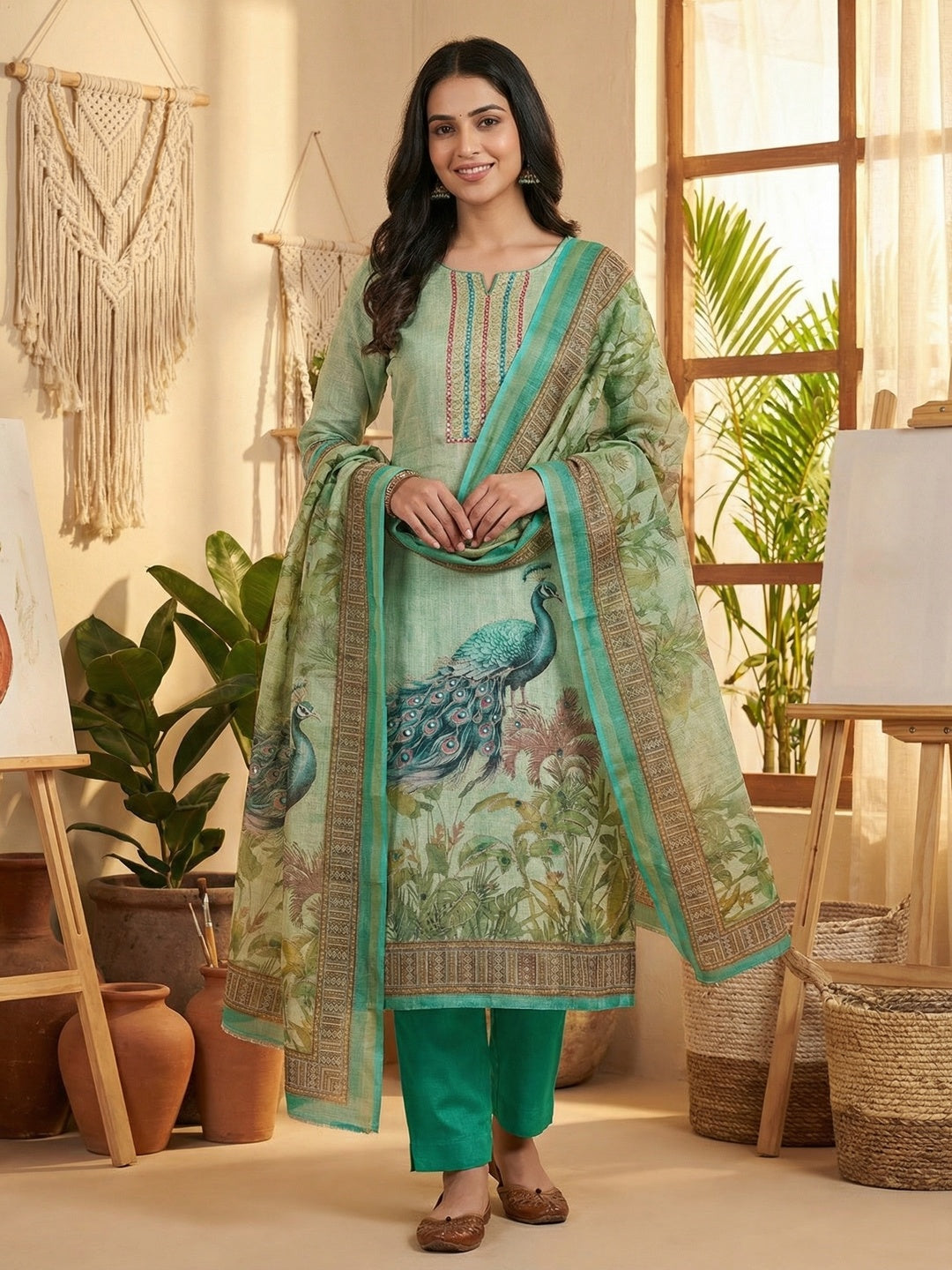 Sea Green Peacock Printed Linen Dress Material with Embellishments - Image 1