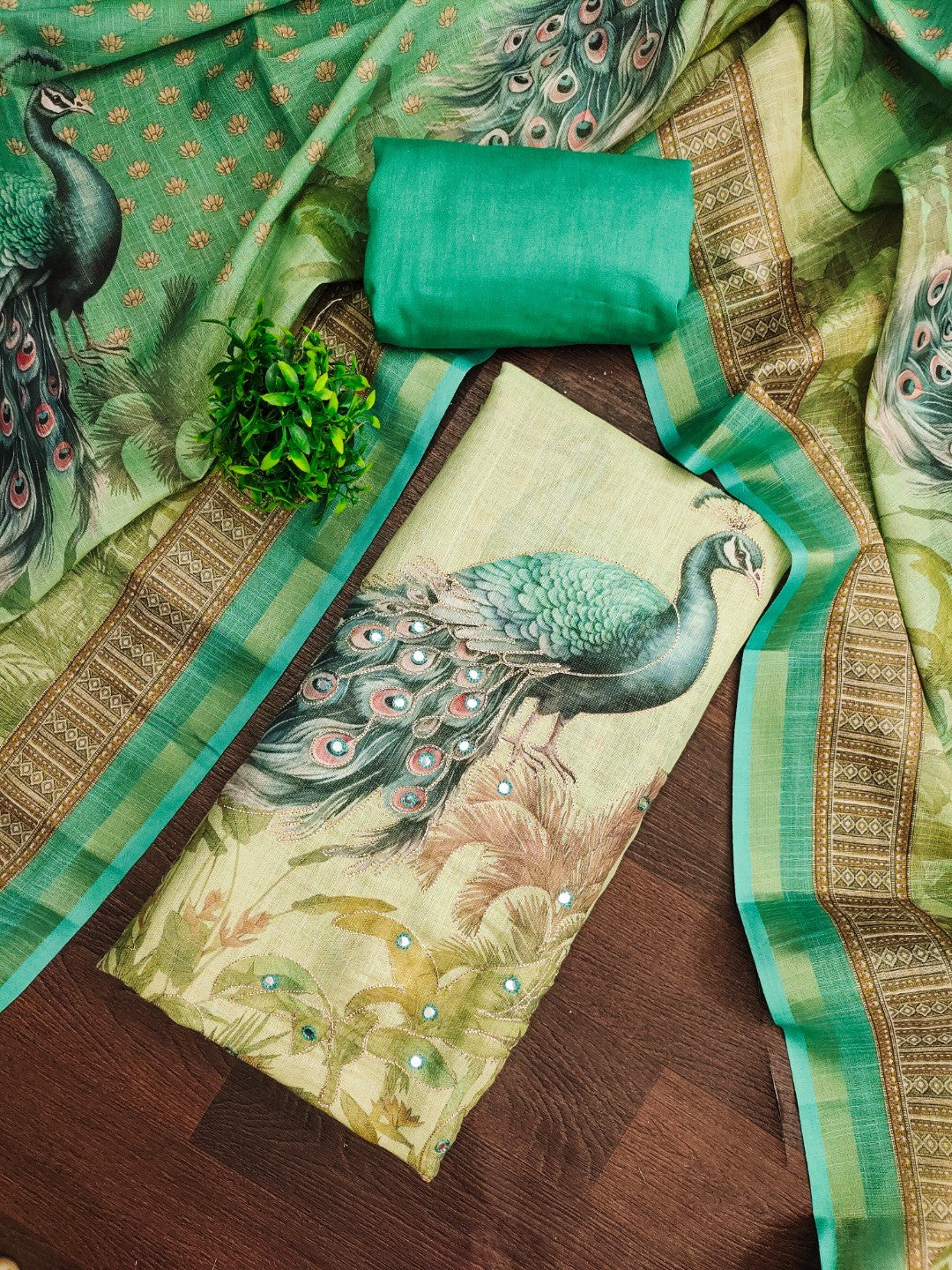 Sea Green Peacock Printed Linen Dress Material with Embellishments - Image 5
