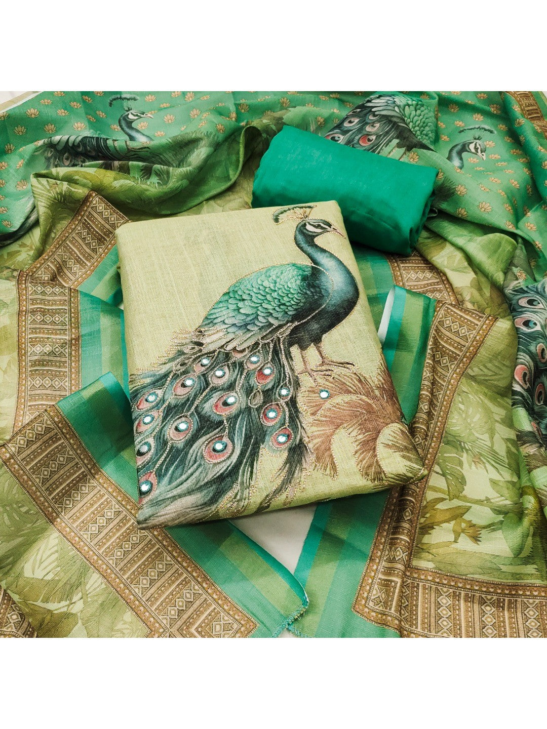 Sea Green Peacock Printed Linen Dress Material with Embellishments - Image 4