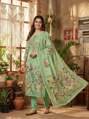 Green Floral Printed Linen Dress Material Featuring Lightweight Comfortable Fabric - Image 1