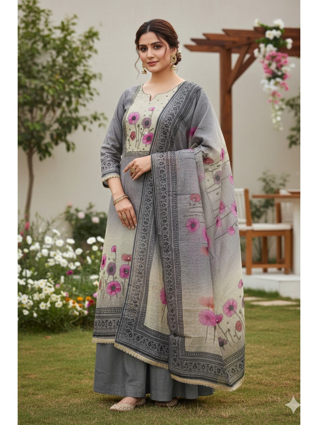 Traditional Grey Linen Floral Print Dress Material with Dupatta with Graceful Feminine Appeal - Image 1