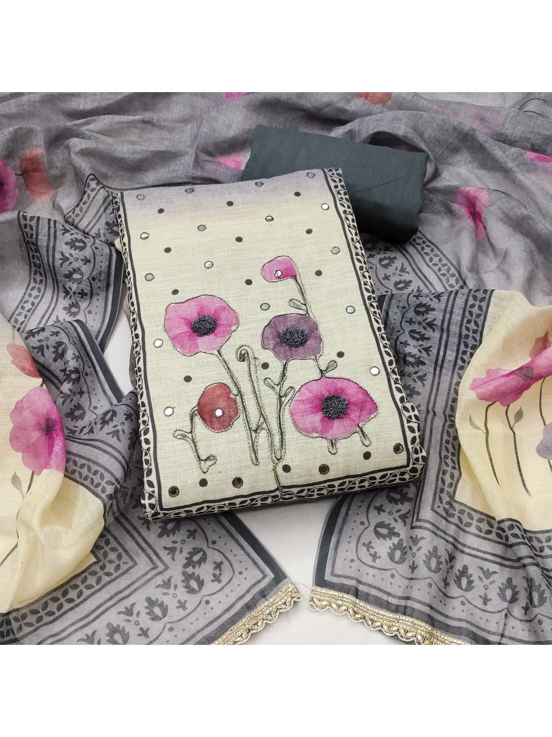 Traditional Grey Linen Floral Print Dress Material with Dupatta with Graceful Feminine Appeal - Image 4