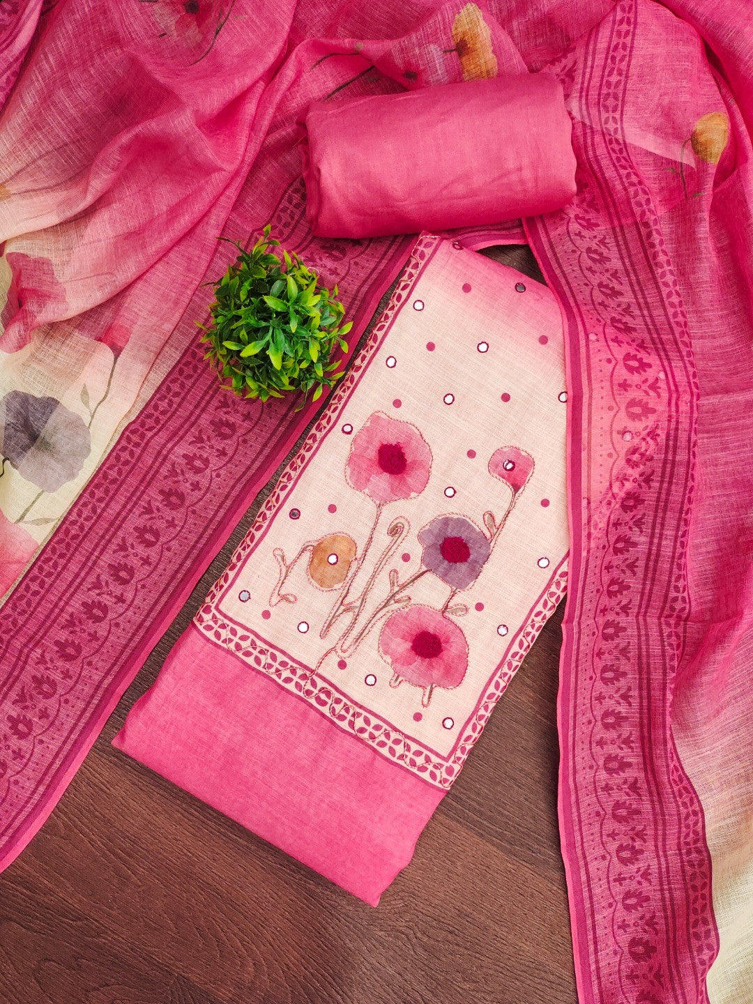 Traditional Pink Linen Floral Print Dress Material with Dupatta with Graceful Feminine Appeal - Image 5