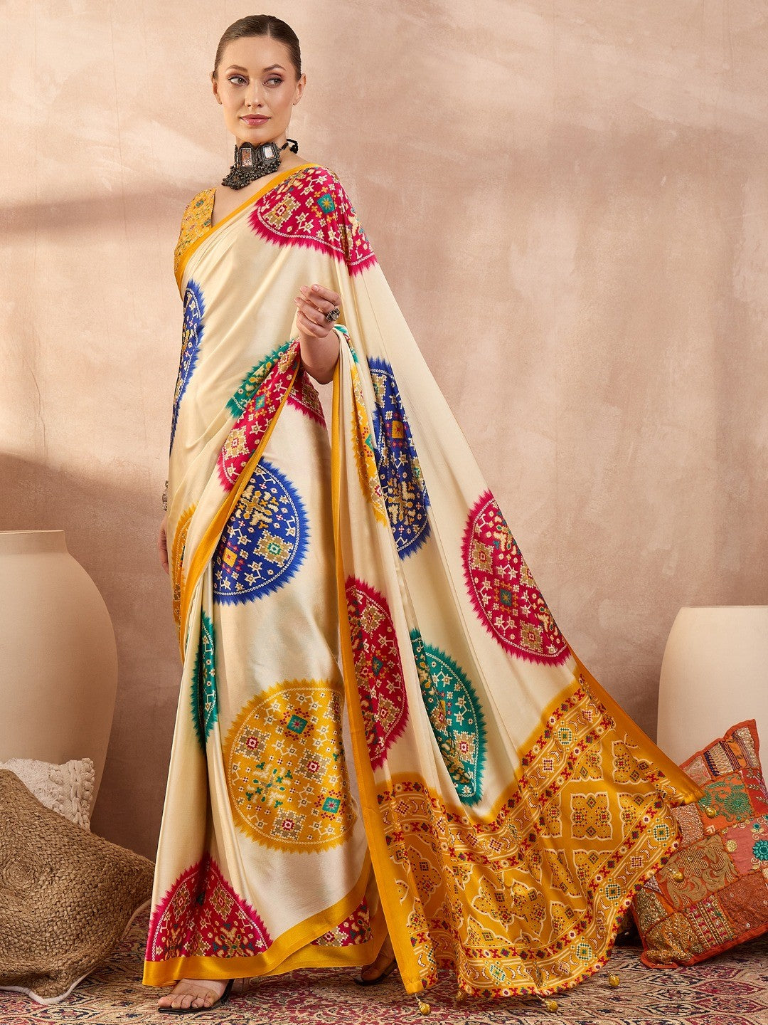 Graceful Yellow Satin Saree with Allover Print and Designer Blouse - Image 3