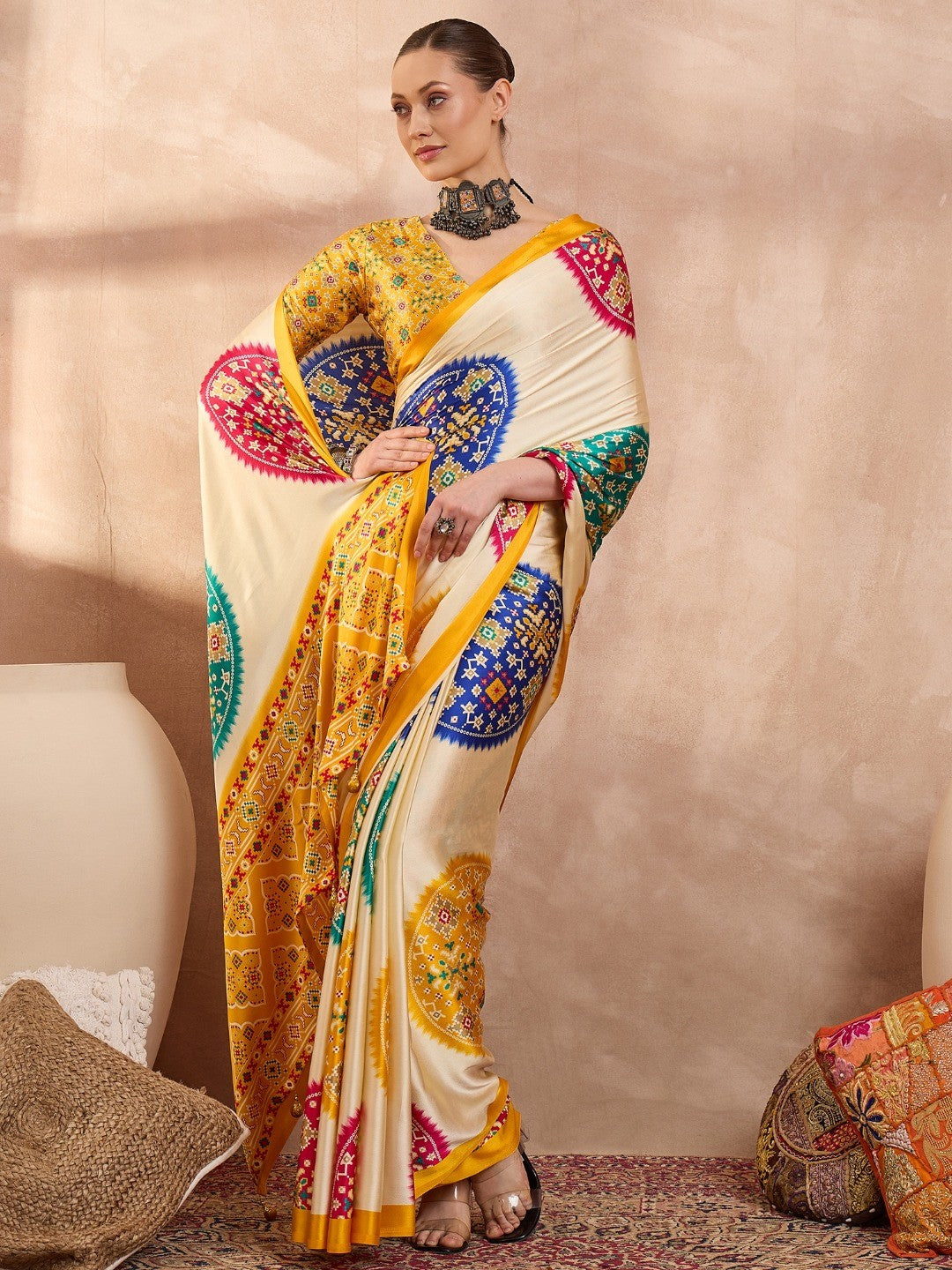 Graceful Yellow Satin Saree with Allover Print and Designer Blouse - Image 5