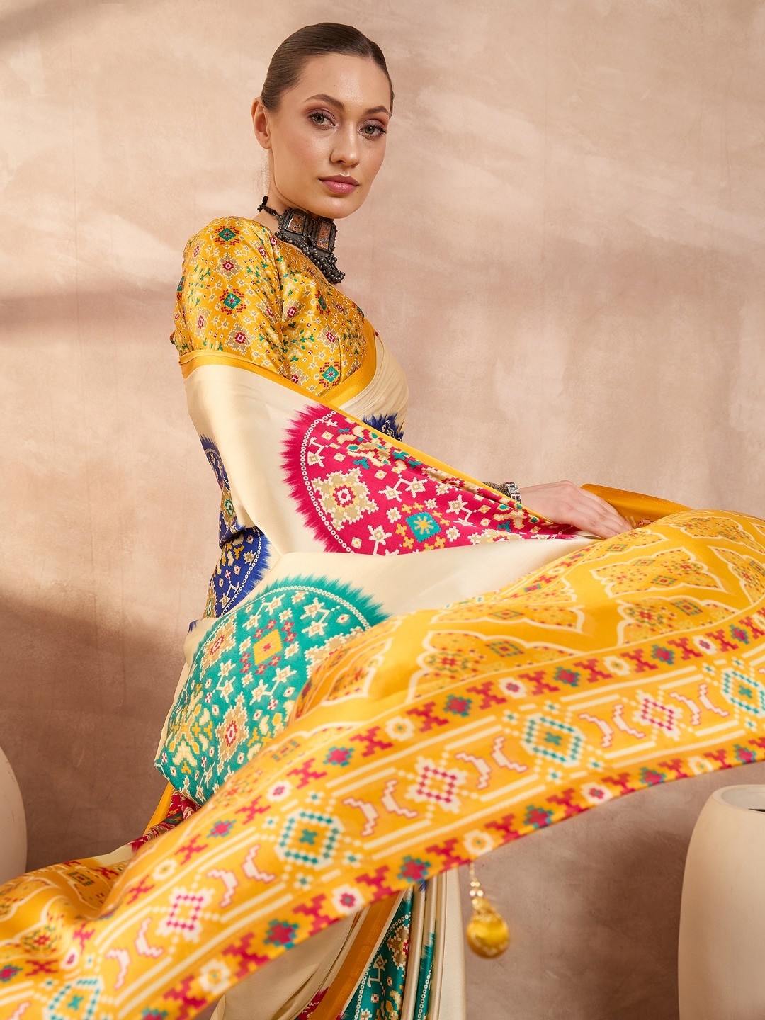 Graceful Yellow Satin Saree with Allover Print and Designer Blouse - Image 6