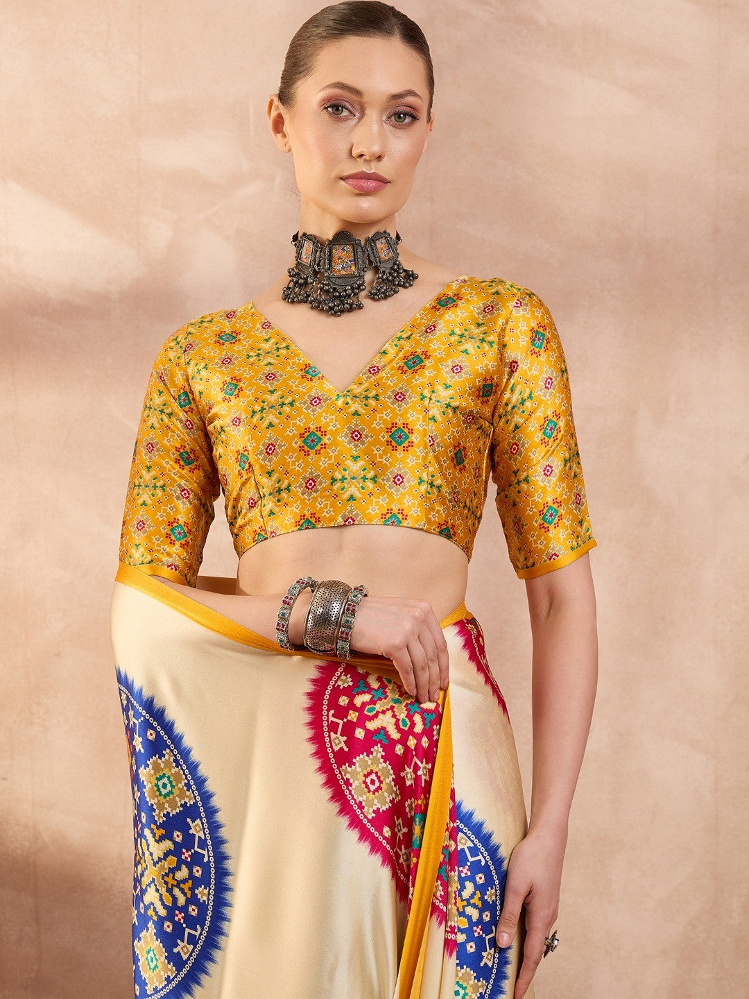 Graceful Yellow Satin Saree with Allover Print and Designer Blouse - Image 8
