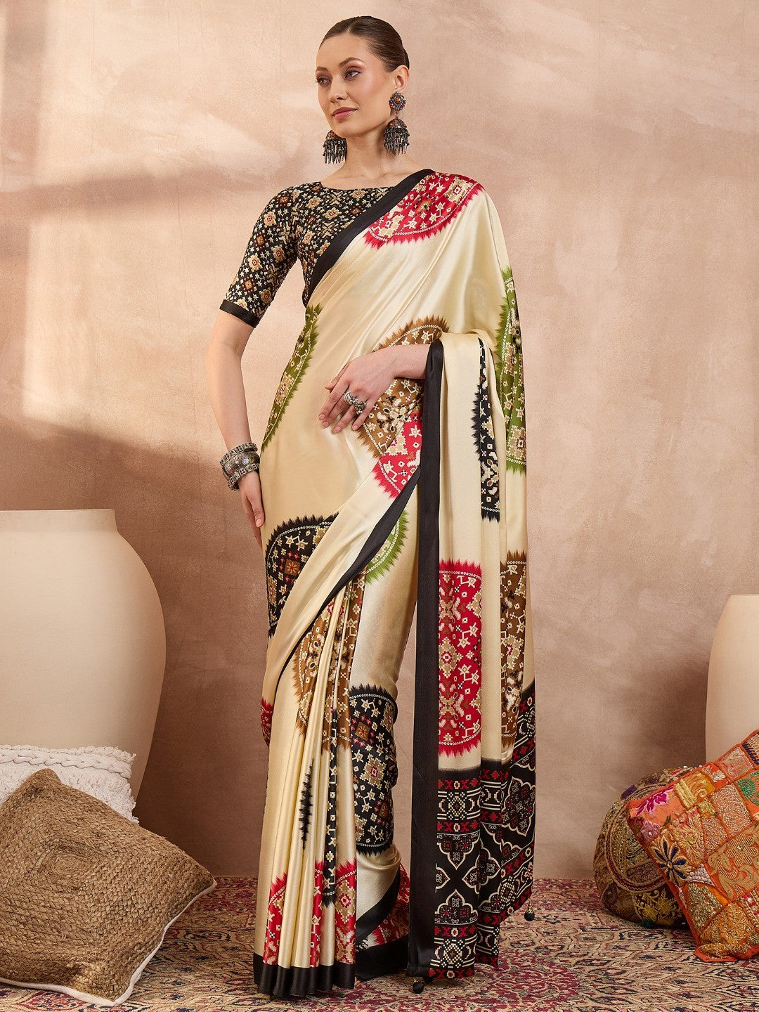 Graceful Black Satin Saree with Allover Print and Designer Blouse - Image 1