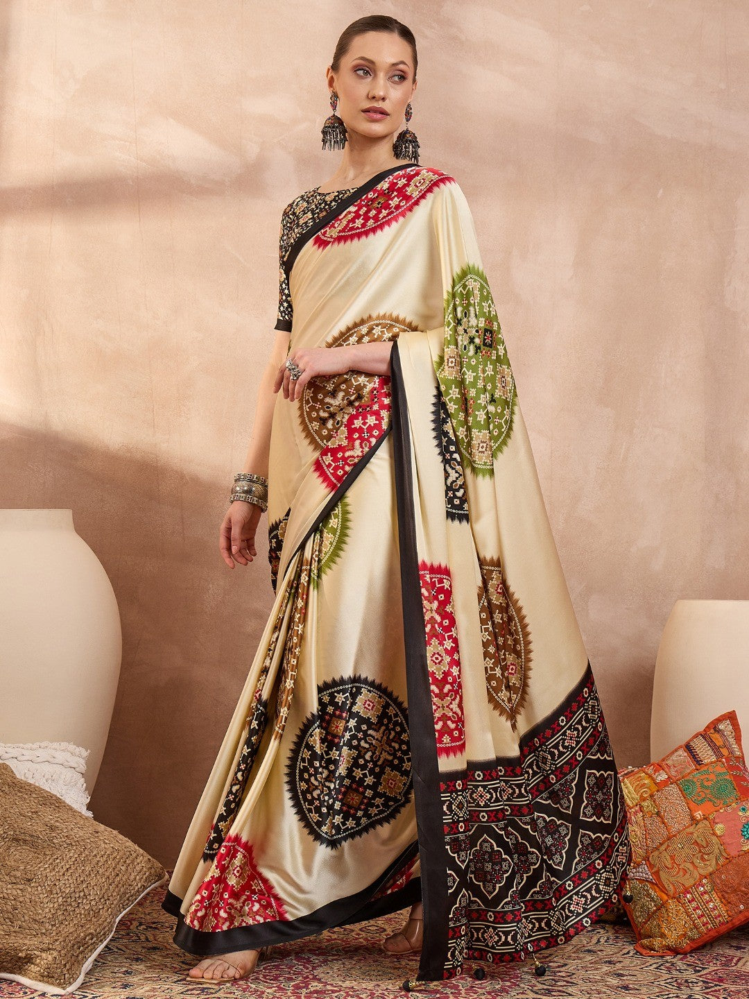Graceful Black Satin Saree with Allover Print and Designer Blouse - Image 6