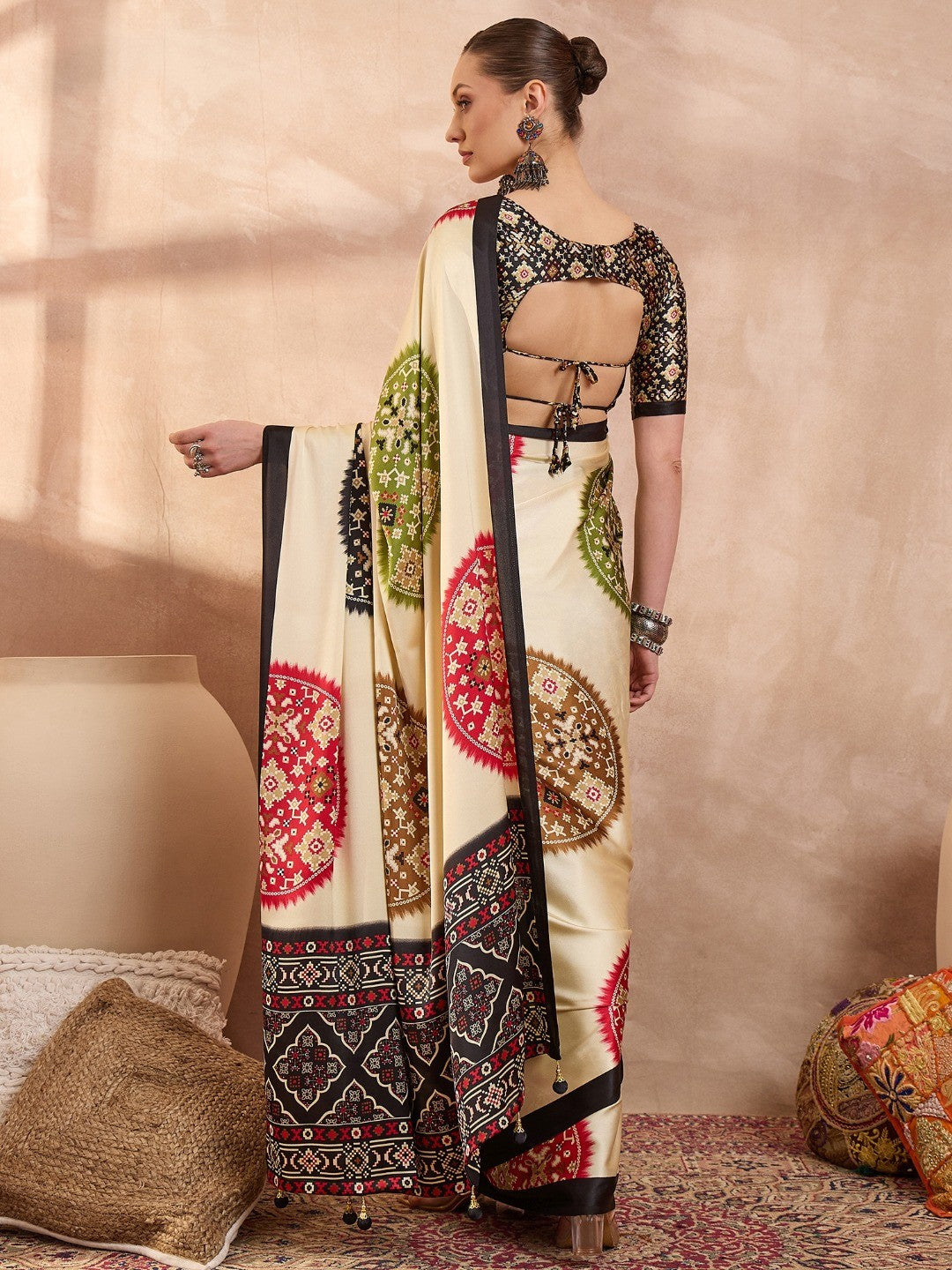 Graceful Black Satin Saree with Allover Print and Designer Blouse - Image 5