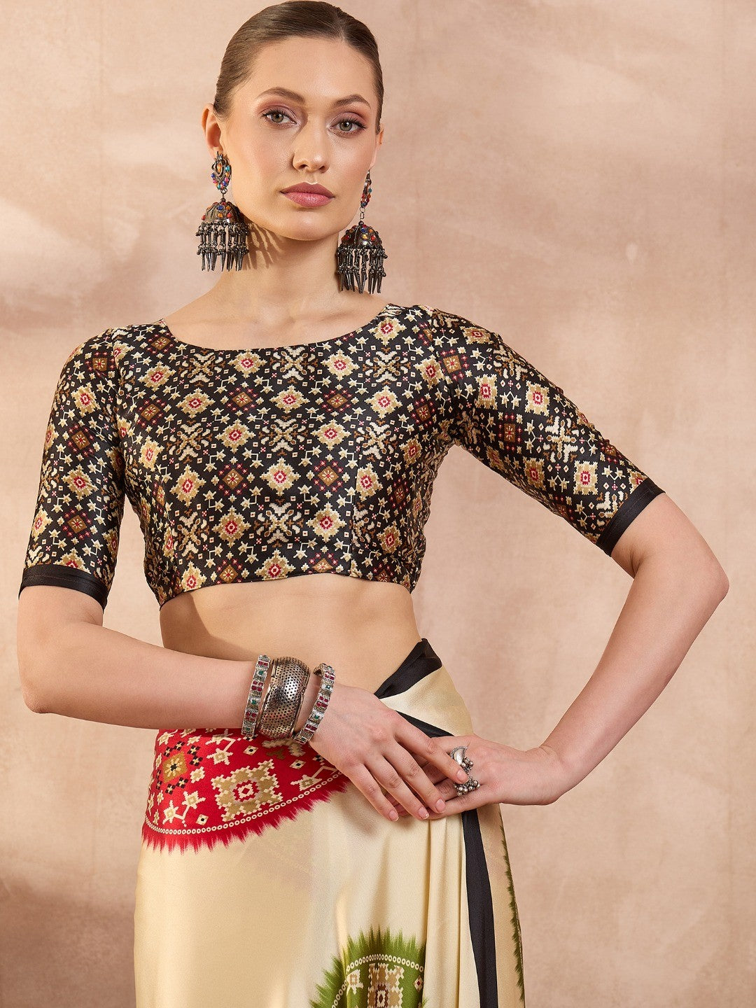 Graceful Black Satin Saree with Allover Print and Designer Blouse - Image 3