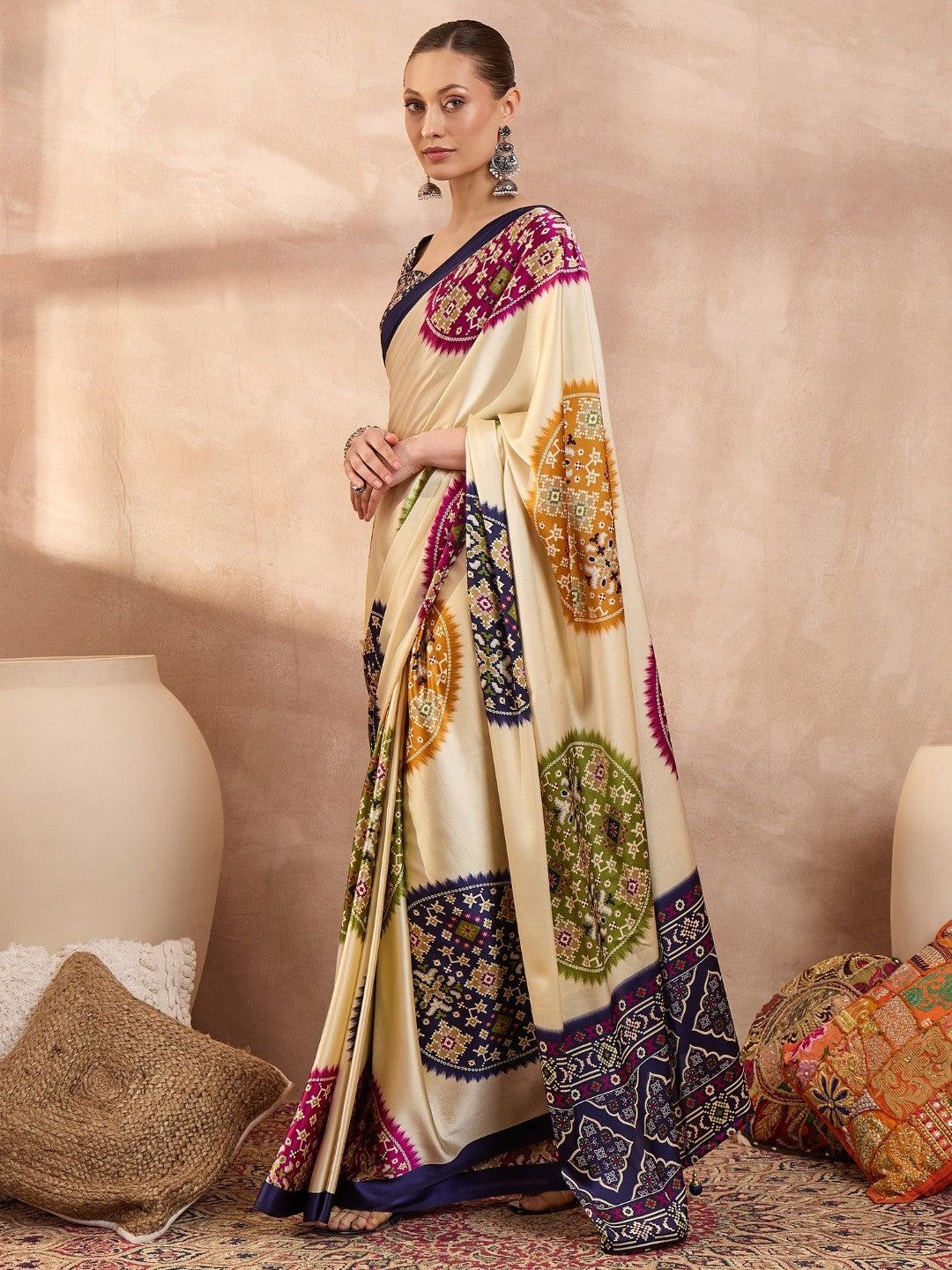 Graceful Blue Satin Saree Featuring Traditional Patola Border - Image 2