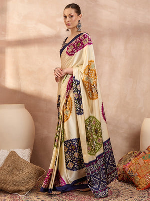 Graceful Blue Satin Saree Featuring Traditional Patola Border - Image 2