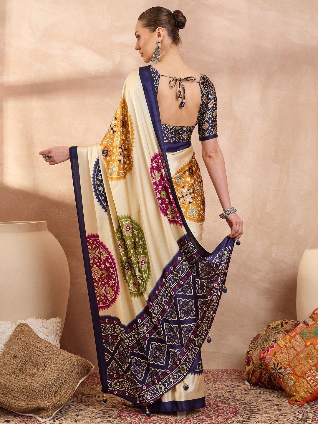 Graceful Blue Satin Saree Featuring Traditional Patola Border - Image 5