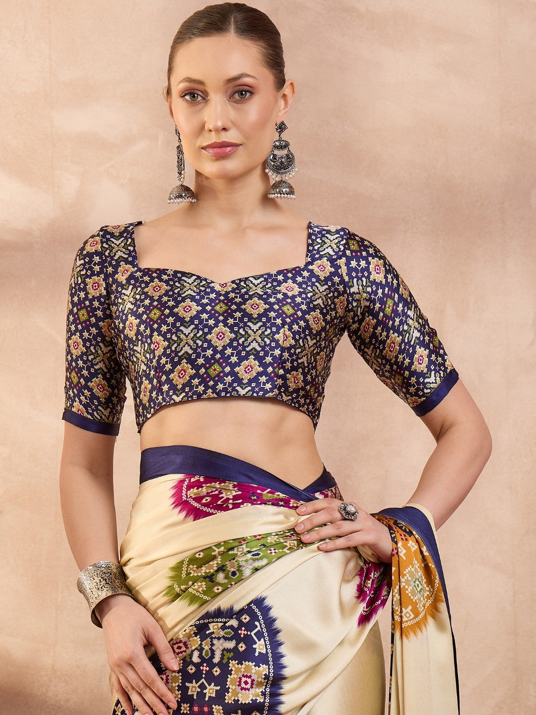 Graceful Blue Satin Saree Featuring Traditional Patola Border - Image 8