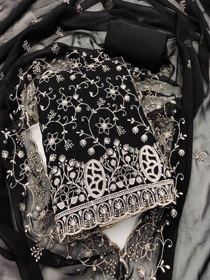 Elegant Black Floral Zari Embroidered Georgette Dress Material With Graceful Finish - Image 2