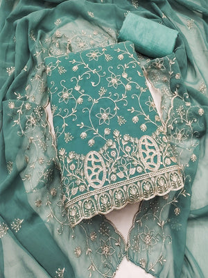 Elegant Dusty Turquoise Floral Zari Embroidered Georgette Dress Material With Graceful Finish - Image 1