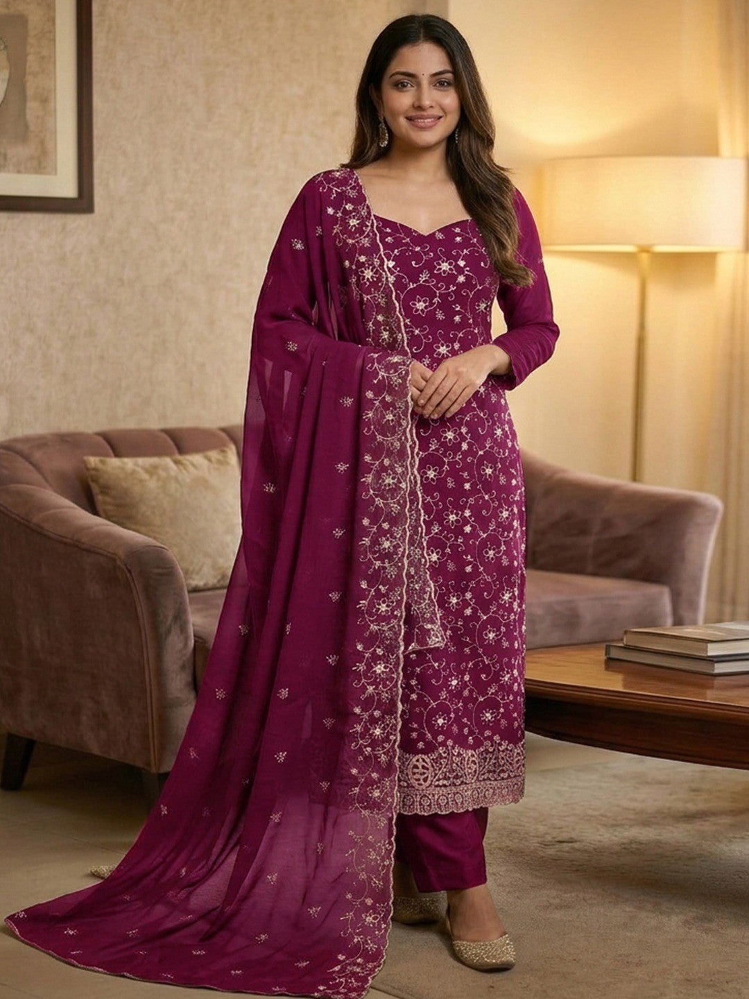Elegant Wine Floral Zari Embroidered Georgette Dress Material With Graceful Finish - Image 2