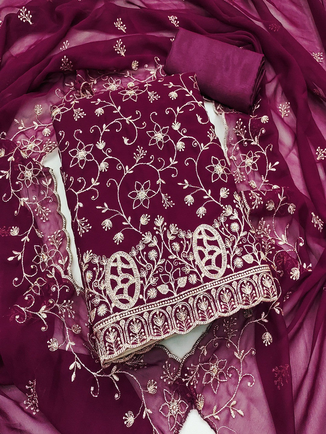 Elegant Wine Floral Zari Embroidered Georgette Dress Material With Graceful Finish - Image 1