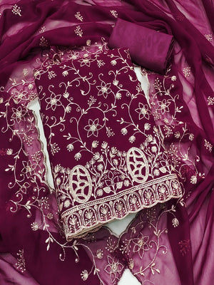 Elegant Wine Floral Zari Embroidered Georgette Dress Material With Graceful Finish - Image 1