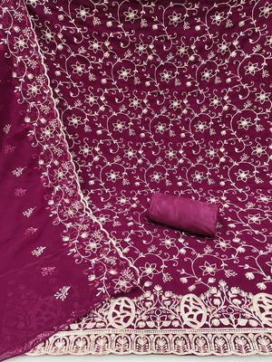 Elegant Wine Floral Zari Embroidered Georgette Dress Material With Graceful Finish - Image 2